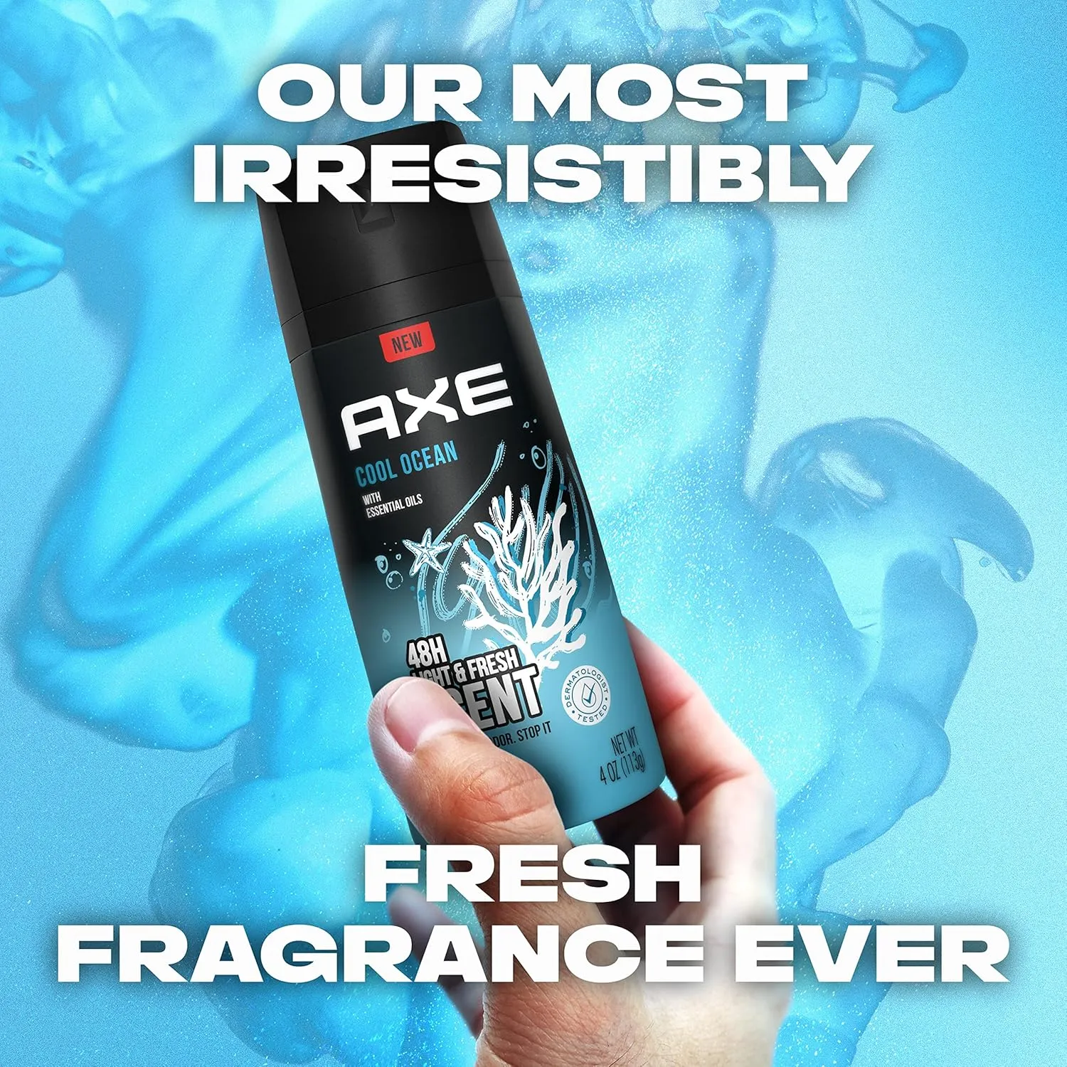 AXE Dual Action Body Spray Deodorant for Long Lasting Odor Protection Cool Ocean All Day Fresh Scent Mens Deodorant Formulated Without Aluminum, 4 Oz (Pack of 4)