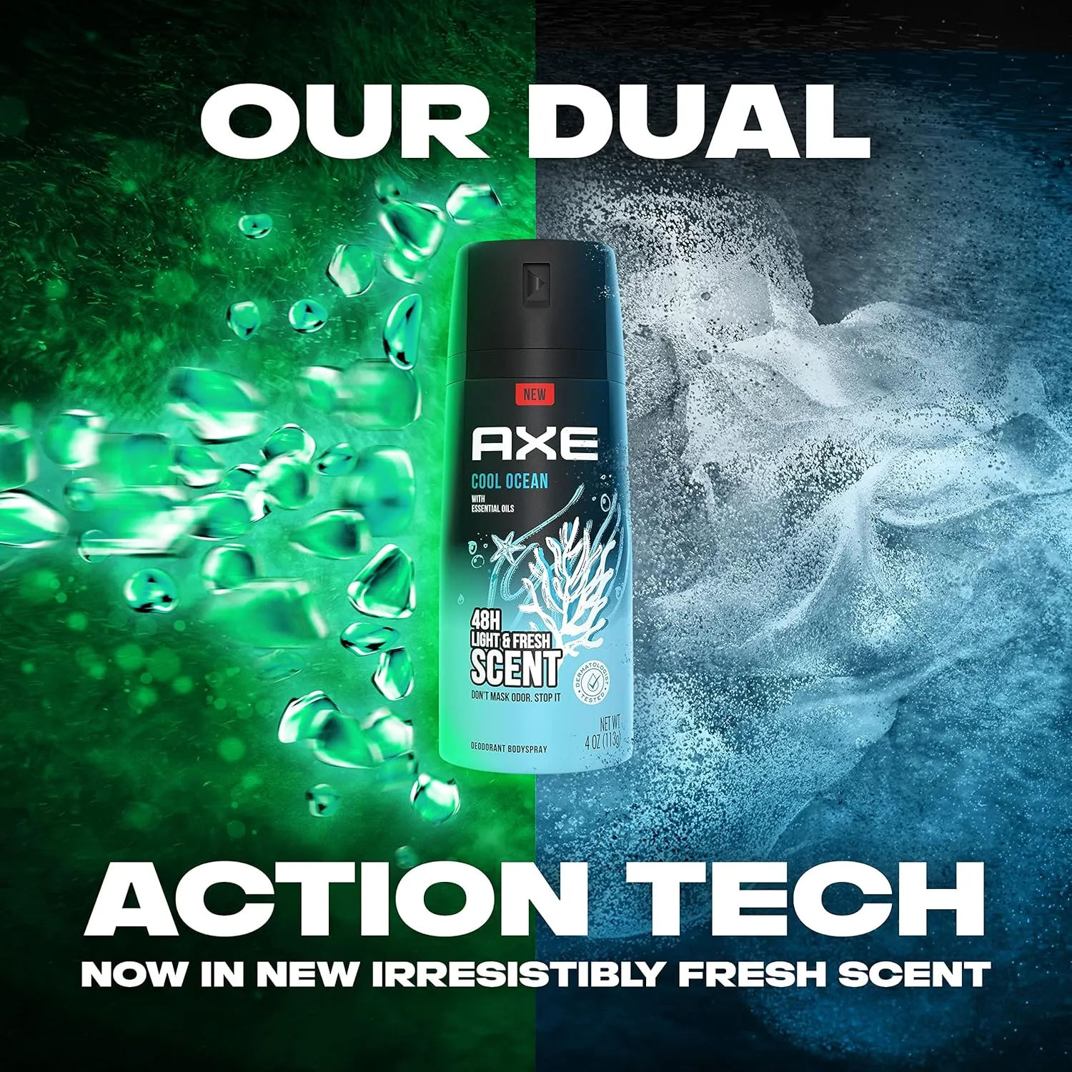 AXE Dual Action Body Spray Deodorant for Long Lasting Odor Protection Cool Ocean All Day Fresh Scent Mens Deodorant Formulated Without Aluminum, 4 Oz (Pack of 4)