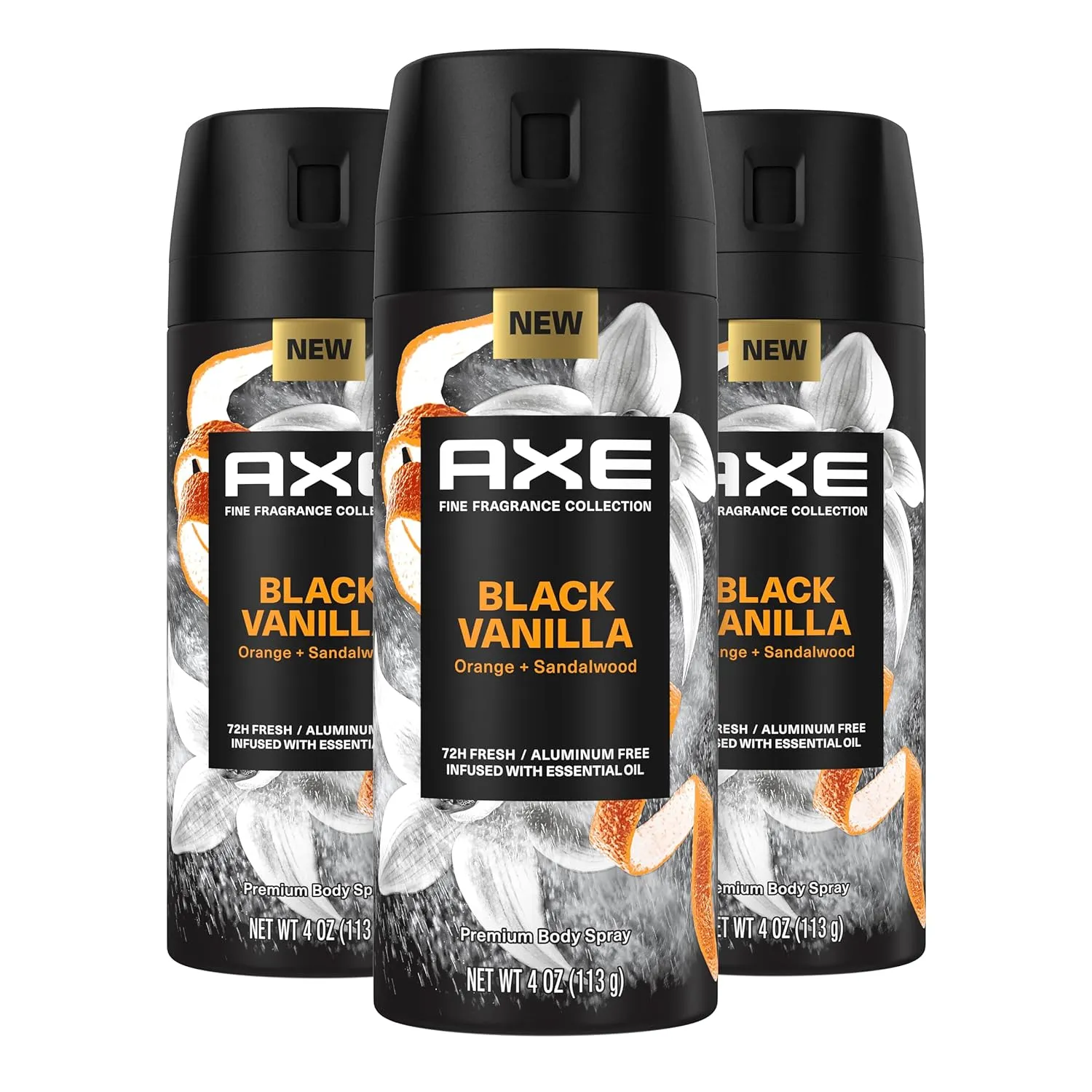 Axe Fine Fragrance Collection Premium Body Spray Black Vanilla with Orange   Sandalwood 3 Count with 72H Odor Protection Aluminum-Free 4 oz