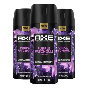 AXE Fine Fragrance Collection Premium Body Spray Purple Patchouli with Citrus   Oak Essential Oils 3 Count with 72H Odor Protection Aluminum-Free 4 oz