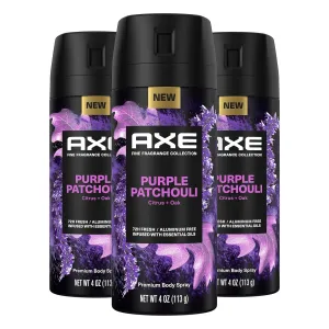AXE Fine Fragrance Collection Premium Body Spray Purple Patchouli with Citrus   Oak Essential Oils 3 Count with 72H Odor Protection Aluminum-Free 4 oz