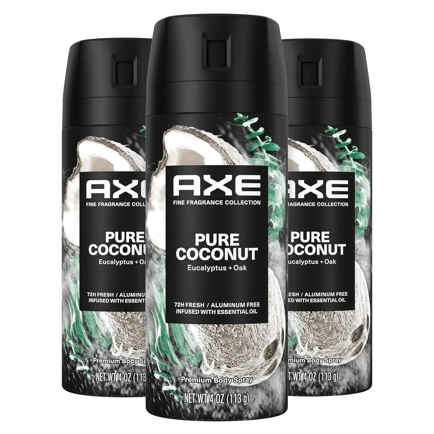 AXE Fine Fragrance Collection Premium Deodorant Body Spray for Men Pure Coconut 3 Count with 72H Odor Protection and Freshness Infused with Coconut, Eucalyptus, and Oak Essential Oils 4 oz