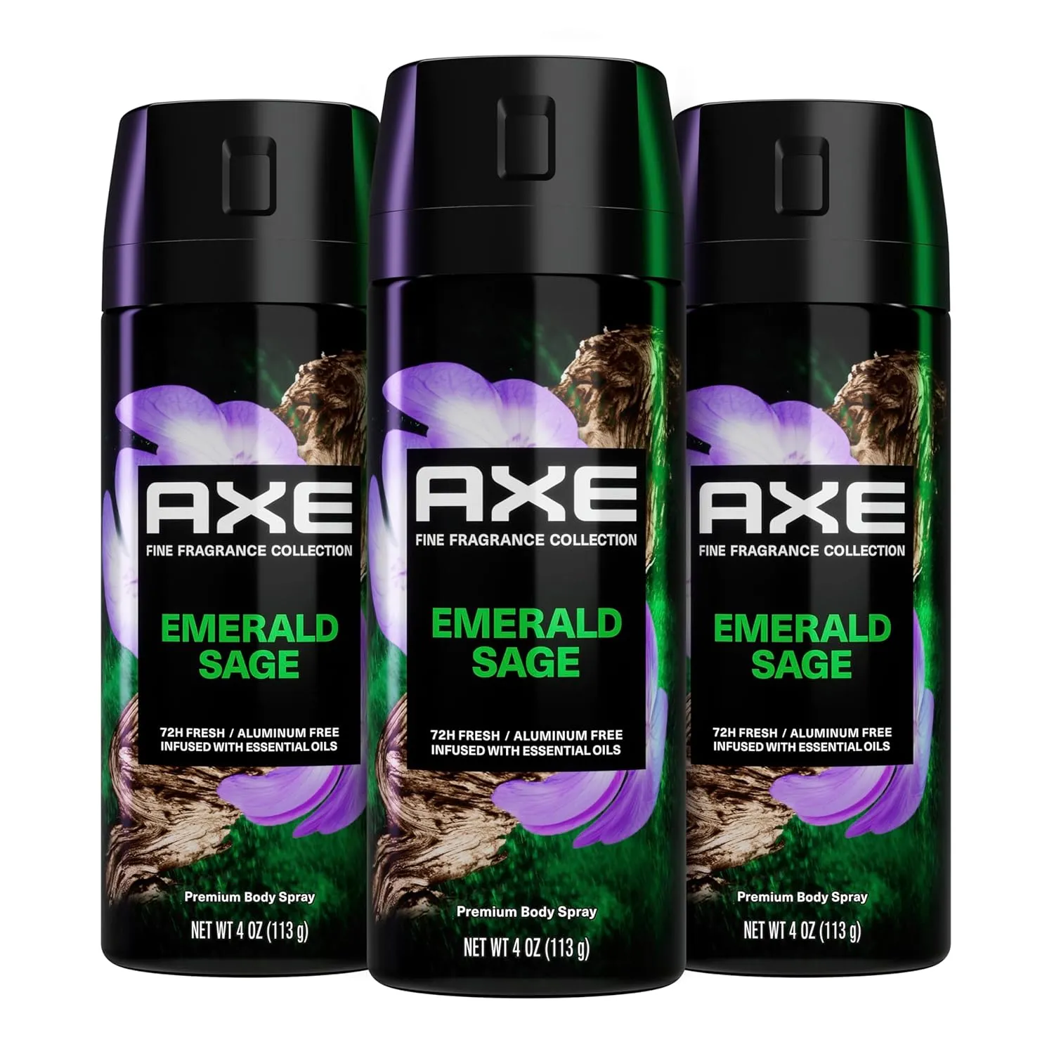 AXE Premium Deodorant Body Spray for Men Green Geranium 3 Count with 72H Odor Protection and Freshness Infused with Geranium, Cedar, and Patchouli Essential Oils 4 oz