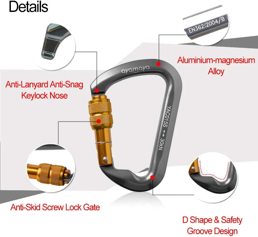 Ayamaya Climbing Carabiners - 3 Pack Screwgate Locking Carabiner 30KN (6744 lbs) Heavy Duty Gears for Rock Climbing, Rappelling, Swing Rescue & Gym, Large D-Shaped Carabiners