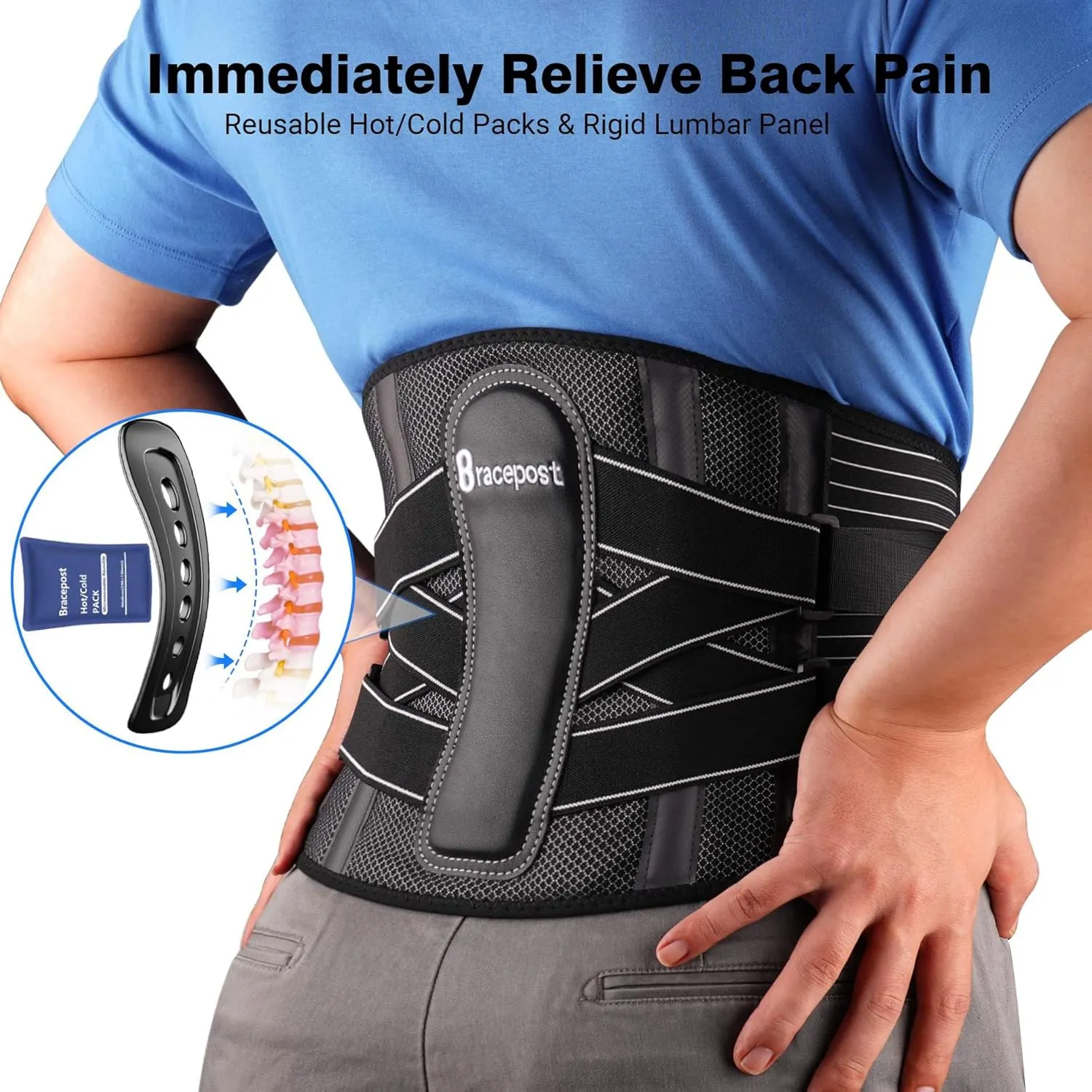 Back Brace for Lower Back Pain,Reusable Ice Pack for Injuries Lumbar Support Belt for Men Women,Bionic Spine Design Back Brace with Cold Pad for Sciatica Herniated Disc,L