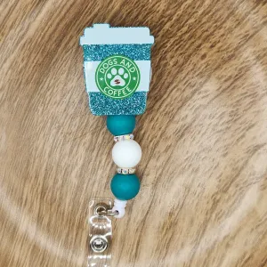 Badge Reel-Dogs and Coffee Cup (Turquoise Glitter) AV004