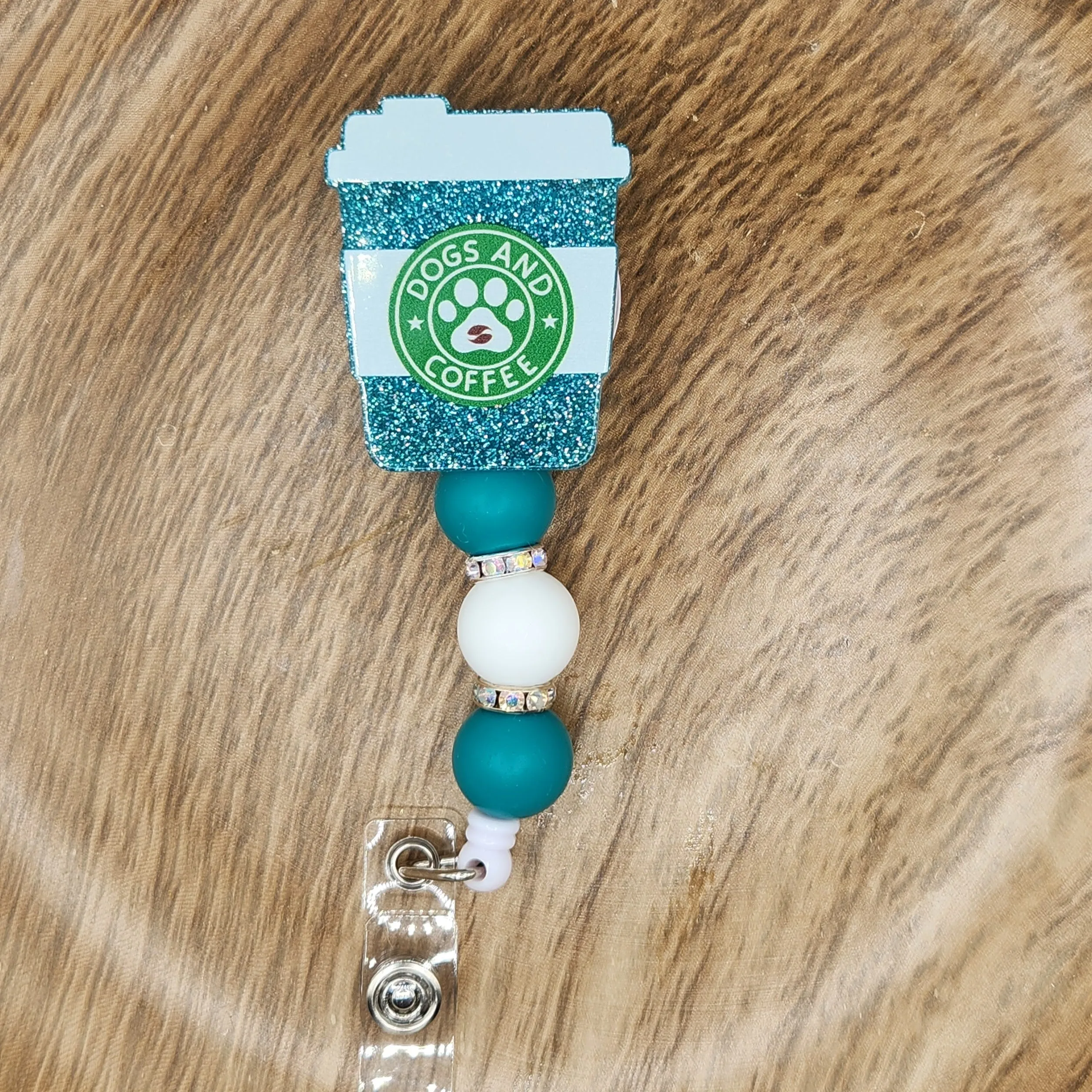 Badge Reel-Dogs and Coffee Cup (Turquoise Glitter) AV004
