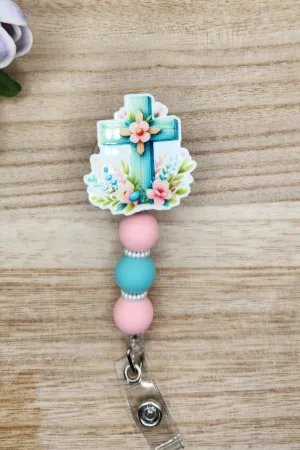 Badge Reel-Easter Cross Floral ES010