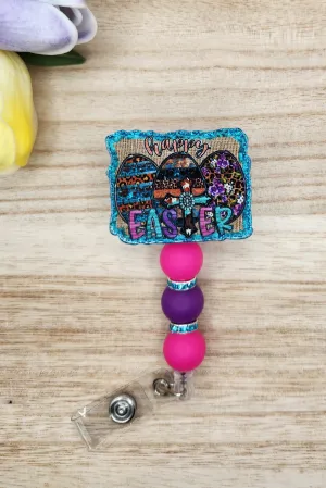 Badge Reel-Happy Easter Eggs (Blue Glitter) ES003
