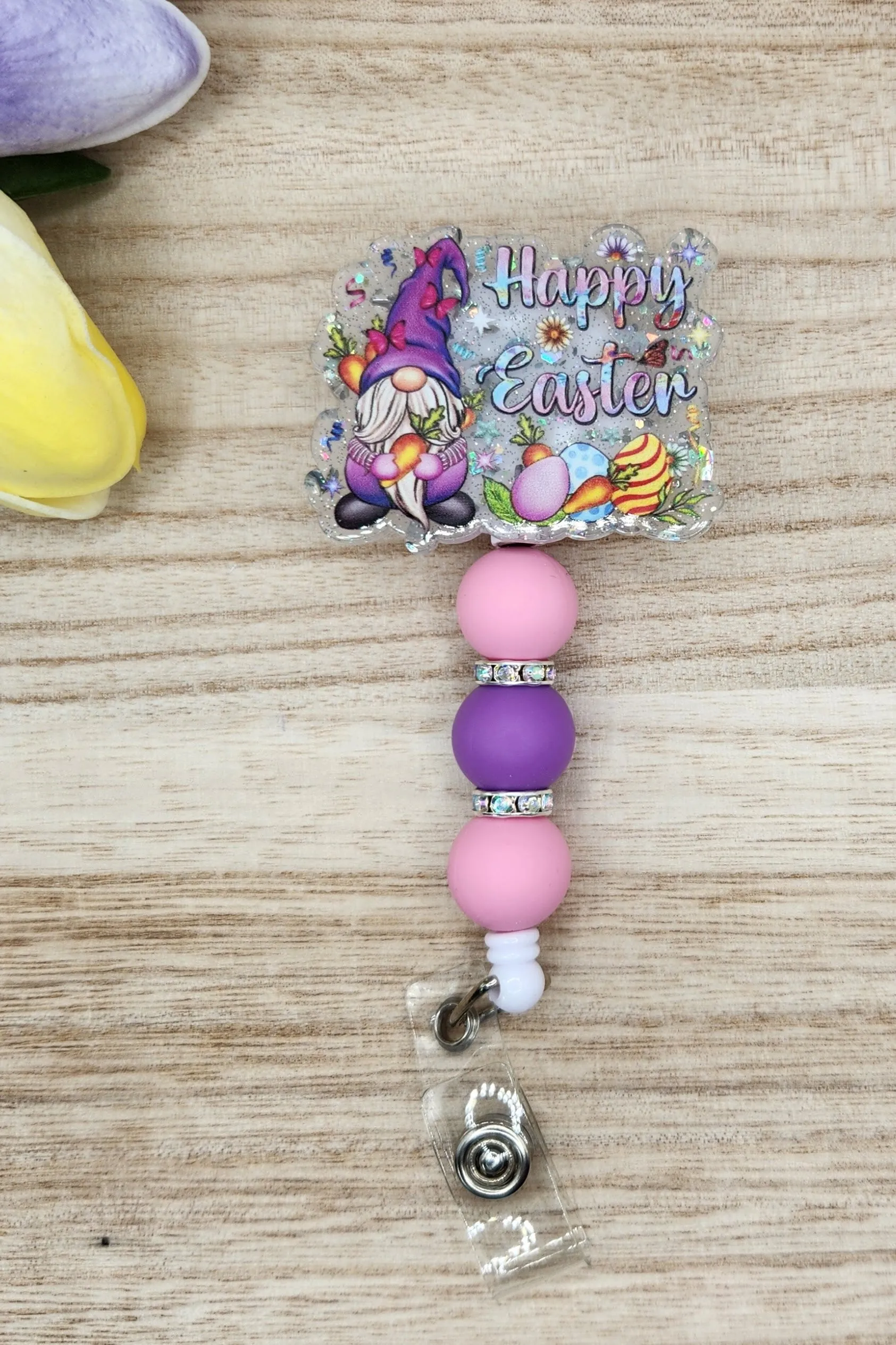 Badge Reel-Happy Easter Gnome (Silver Sequin Glitter) ES004