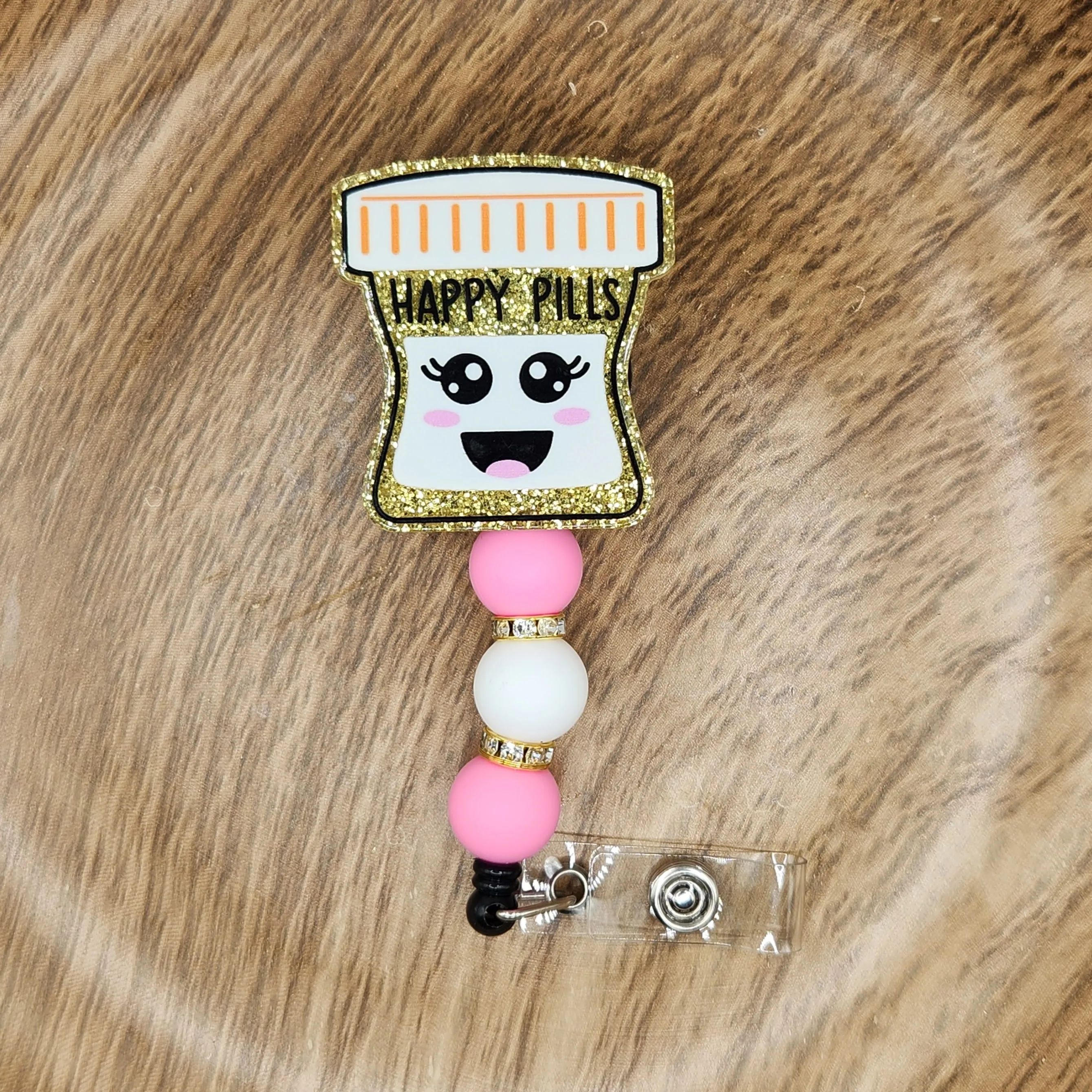 Badge Reel-Happy Pill Bottle (Pink Glitter) NP023