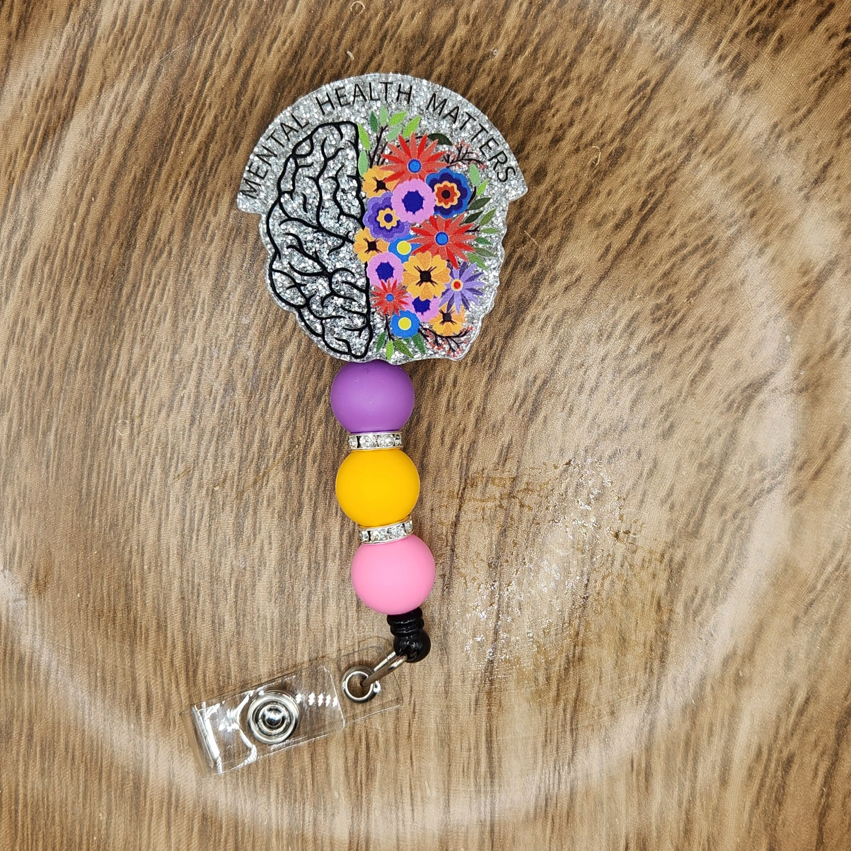 Badge Reel-Mental Health Matters Floral Brain (Silver Glitter) MP011