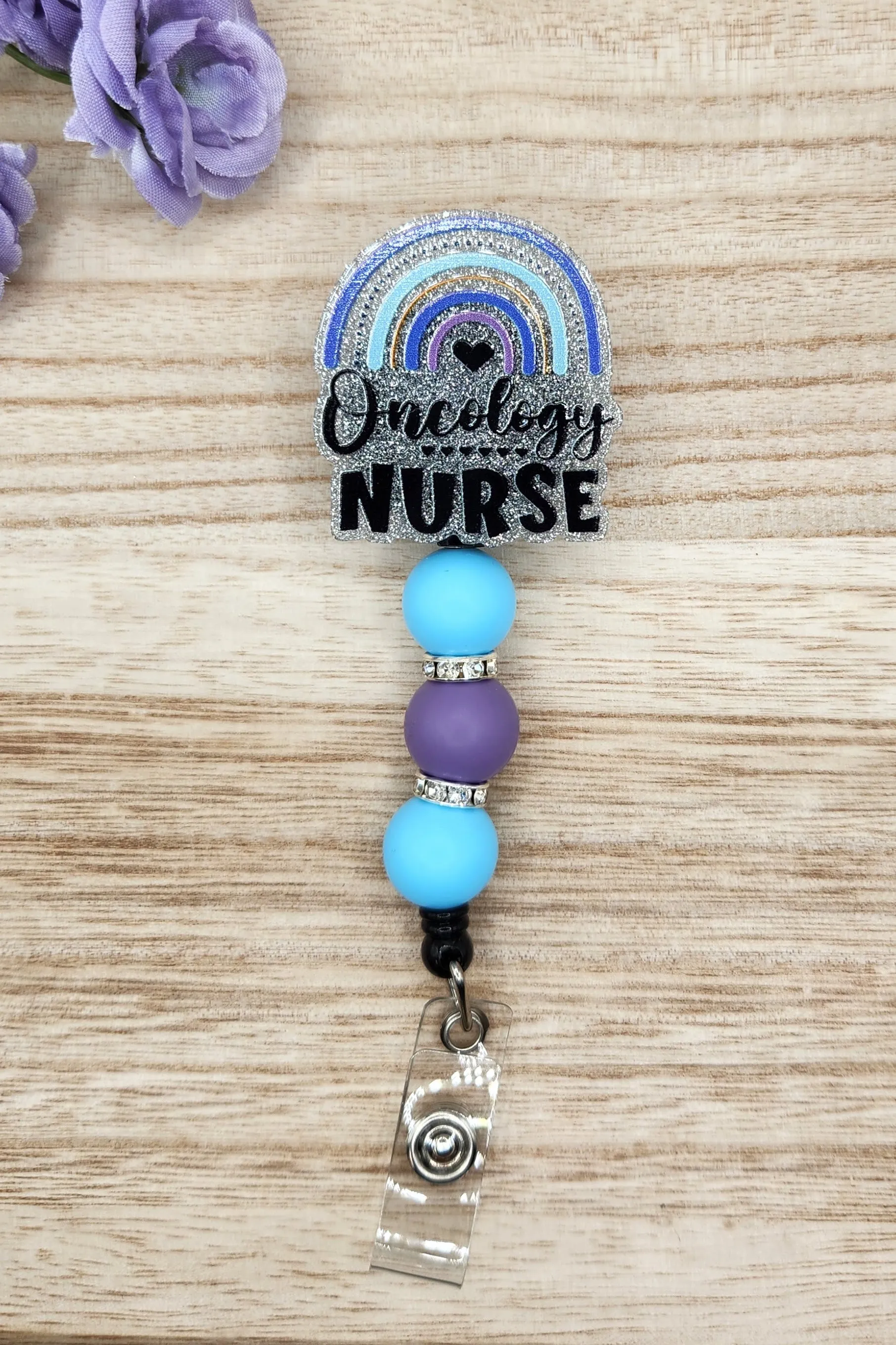 Badge Reel-Oncology Nurse Rainbow-Blue (Silver Glitter) NP063