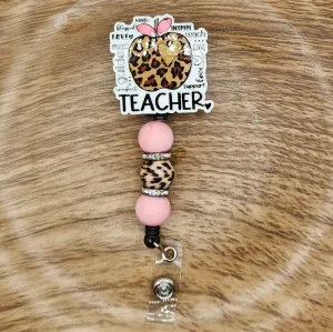 Badge Reel-Teacher Leopard Apple TS026