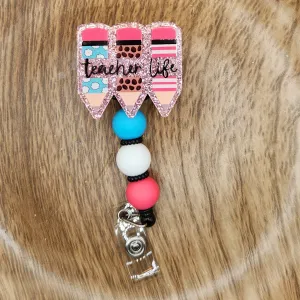 Badge Reel-Teacher Life Pencils (Pink Glitter) TS011