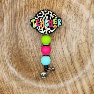 Badge Reel-Teacher Neon Leopard (Black Glitter) TS005