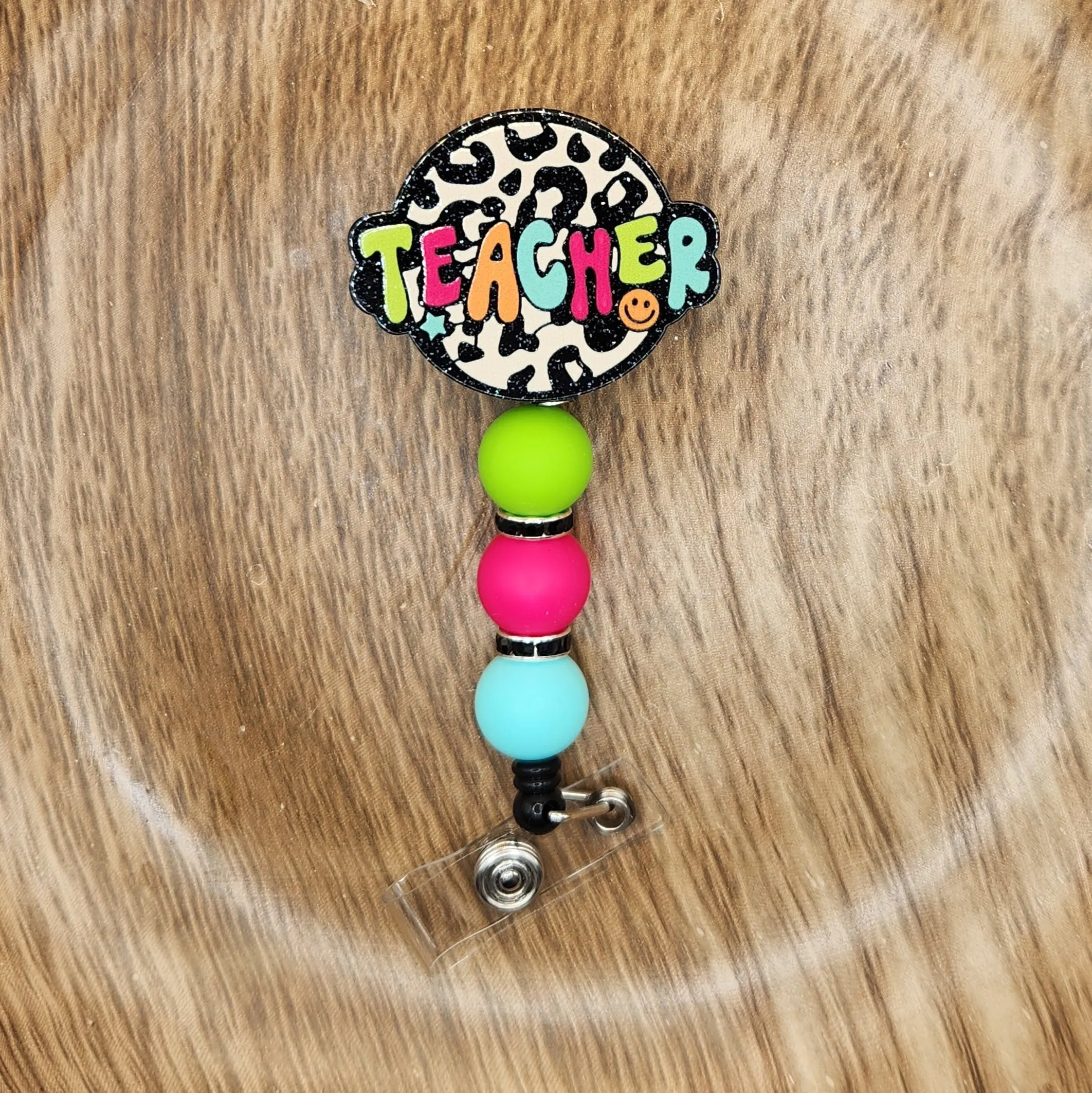 Badge Reel-Teacher Neon Leopard (Black Glitter) TS005