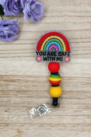 Badge Reel-You Are Safe With Me Rainbow (Silver Glitter) CA007
