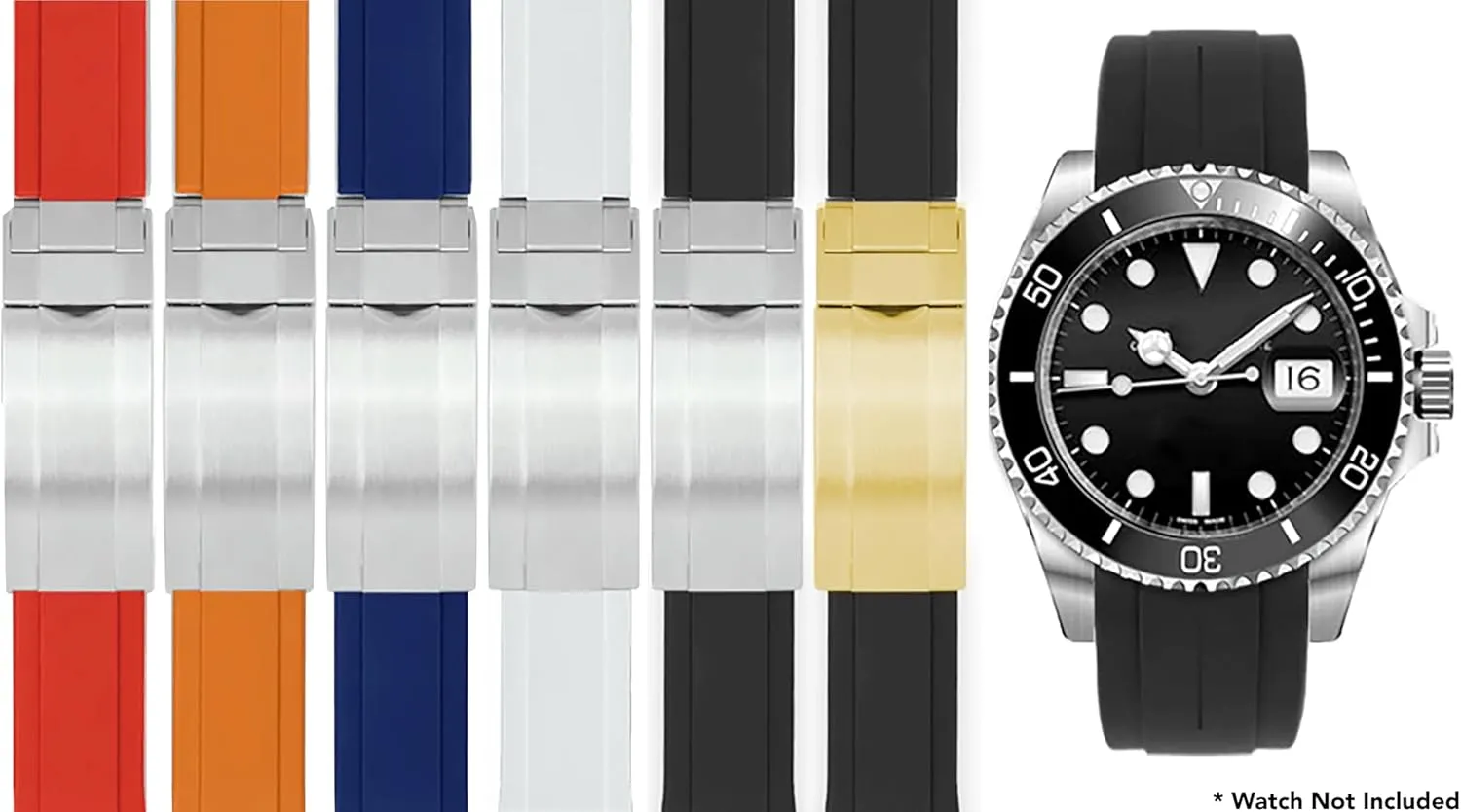 Bandini 20mm Curved End Rubber Watch Band for Rolex Submariner, Daytona, Ghost, Yachtmaster & More, Curved Rubber Watch Strap, Waterproof, With Deployment Clasp or without Clasp