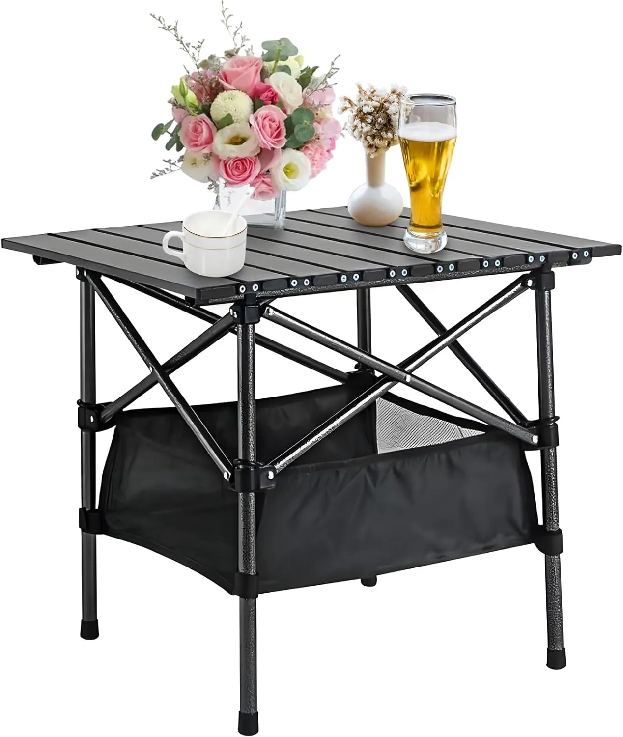 Beach Tables Foldable,Folding Aluminum Camping Tabletop，Portable Camp Table,Folding Camping Gear with Storage Bag (Black, 20 * 20 INCH)