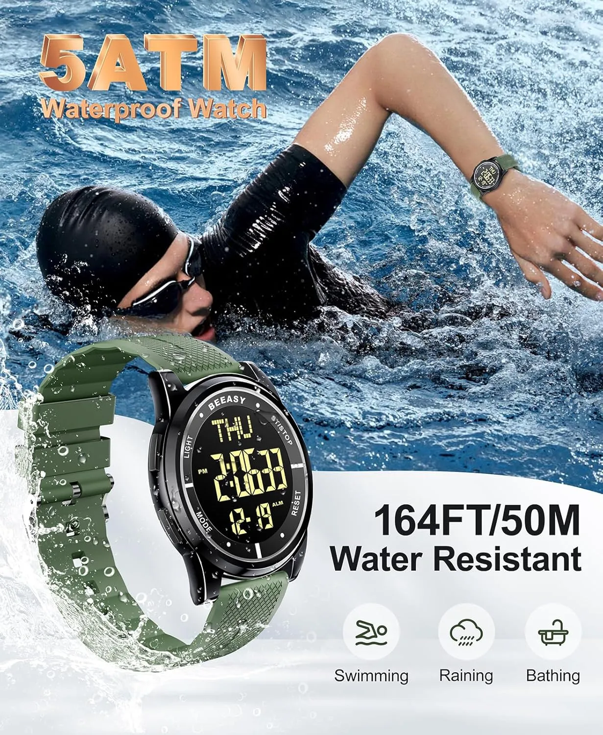 Beeasy Digital Watch Waterproof with Stopwatch Alarm Countdown Dual Time, Ultra-Thin Super Wide-Angle Display Digital Wrist Watches for Men Women