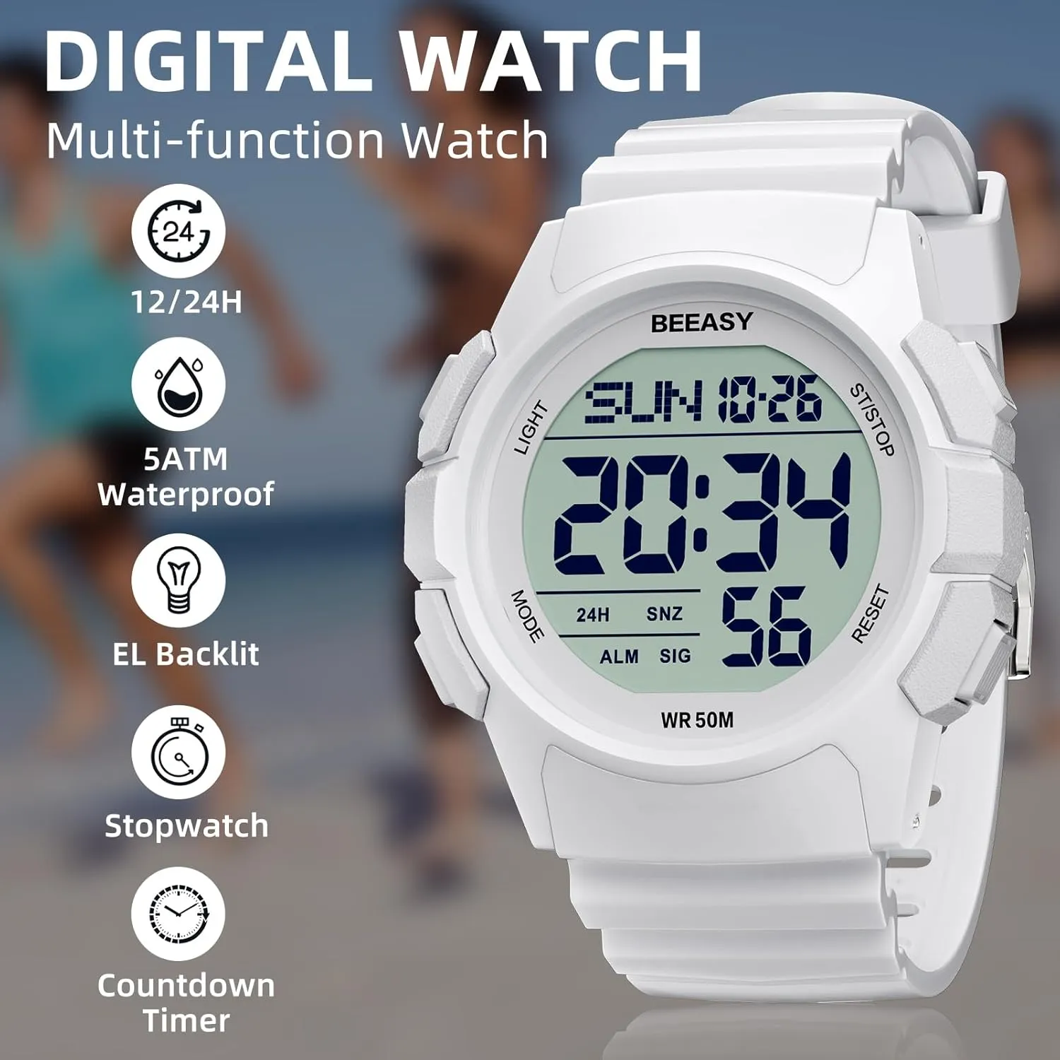 Beeasy Men Digital Sports Watch,Waterproof Watch with Stopwatch Countdown Timer Alarm Function Dual Time Rubber Strap Wrist Watch for Men/Student