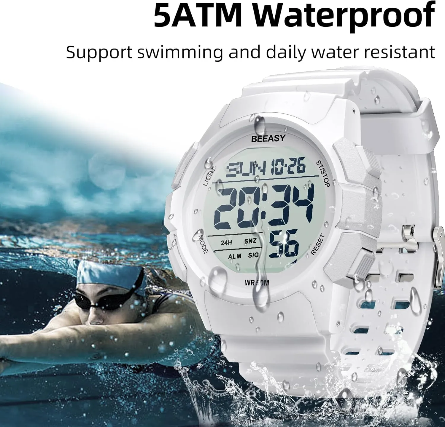 Beeasy Men Digital Sports Watch,Waterproof Watch with Stopwatch Countdown Timer Alarm Function Dual Time Rubber Strap Wrist Watch for Men/Student