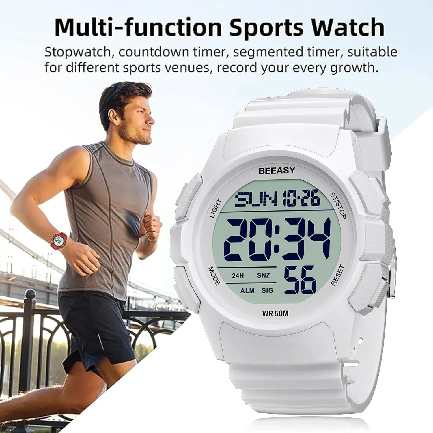 Beeasy Men Digital Sports Watch,Waterproof Watch with Stopwatch Countdown Timer Alarm Function Dual Time Rubber Strap Wrist Watch for Men/Student