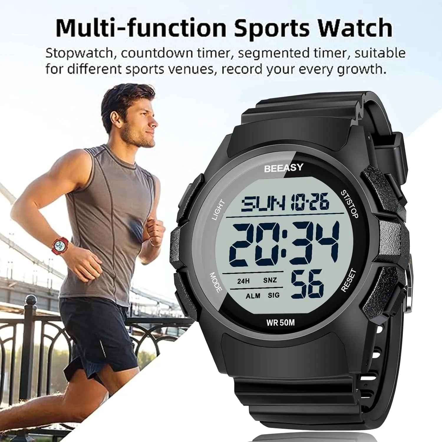 Beeasy Men Digital Sports Watch,Waterproof Watch with Stopwatch Countdown Timer Alarm Function Dual Time Rubber Strap Wrist Watch for Men/Student