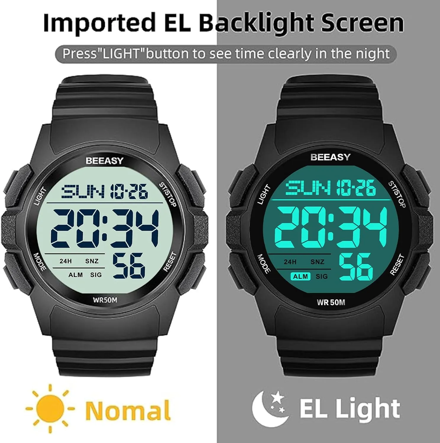 Beeasy Men Digital Sports Watch,Waterproof Watch with Stopwatch Countdown Timer Alarm Function Dual Time Rubber Strap Wrist Watch for Men/Student