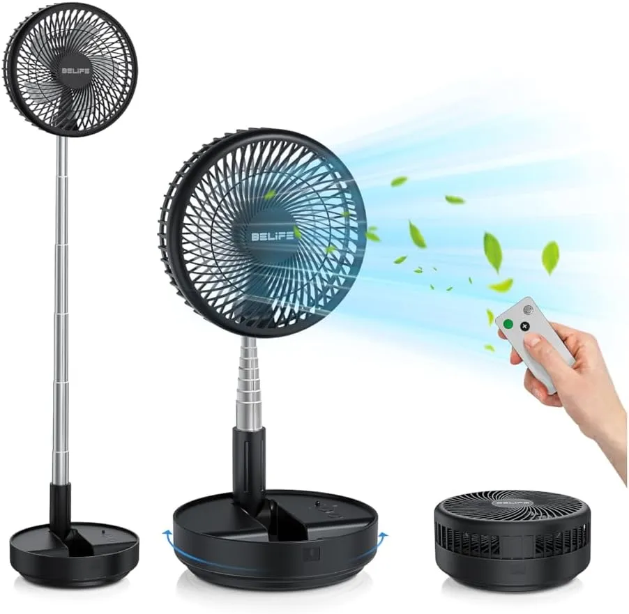 Belife X8 Portable Fan, 7200mAh Battery Powered Rechargeable, Oscillating USB Desk Floor Fan with Remote, Foldable Telescopic Fan for Home Bedroom Sleeping Office Camping Travel, 7.7" (Black)
