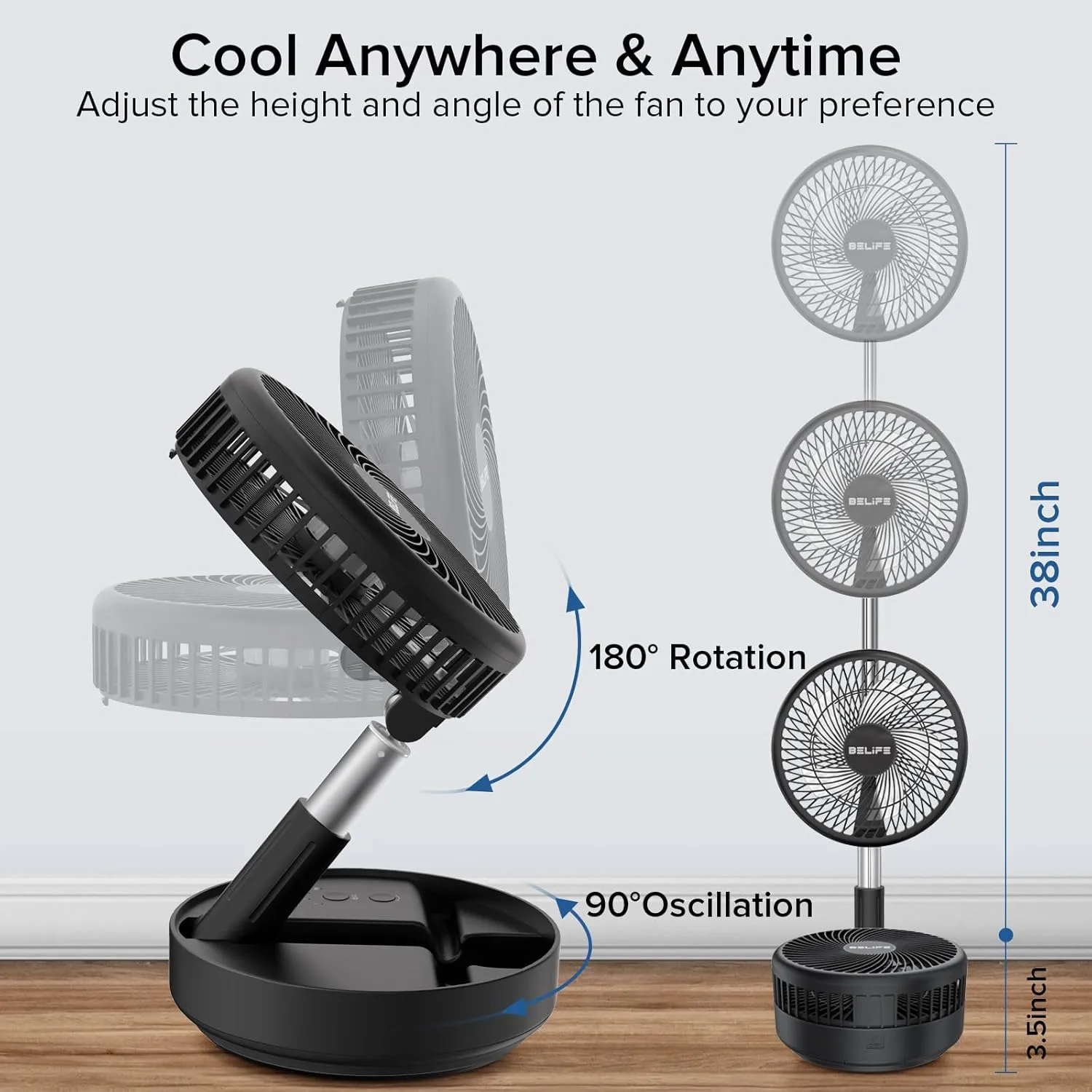Belife X8 Portable Fan, 7200mAh Battery Powered Rechargeable, Oscillating USB Desk Floor Fan with Remote, Foldable Telescopic Fan for Home Bedroom Sleeping Office Camping Travel, 7.7" (Black)