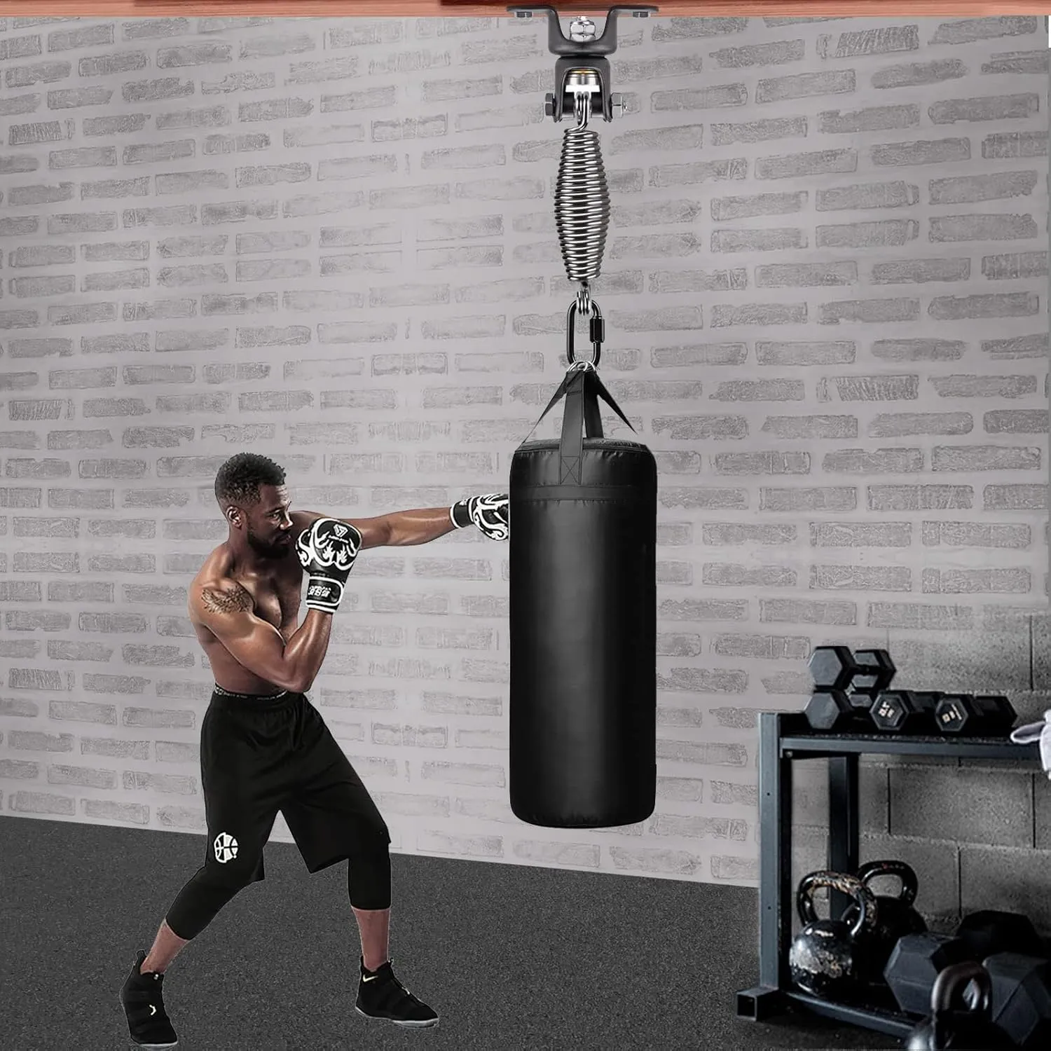 BeneLabel Punching Bag Hanger with Spring 360° Rotation Heavy Bag Beam Hanger Beam Mount Hardware Bracket for Boxing Bag with Carabiner, 150 LB Capacity
