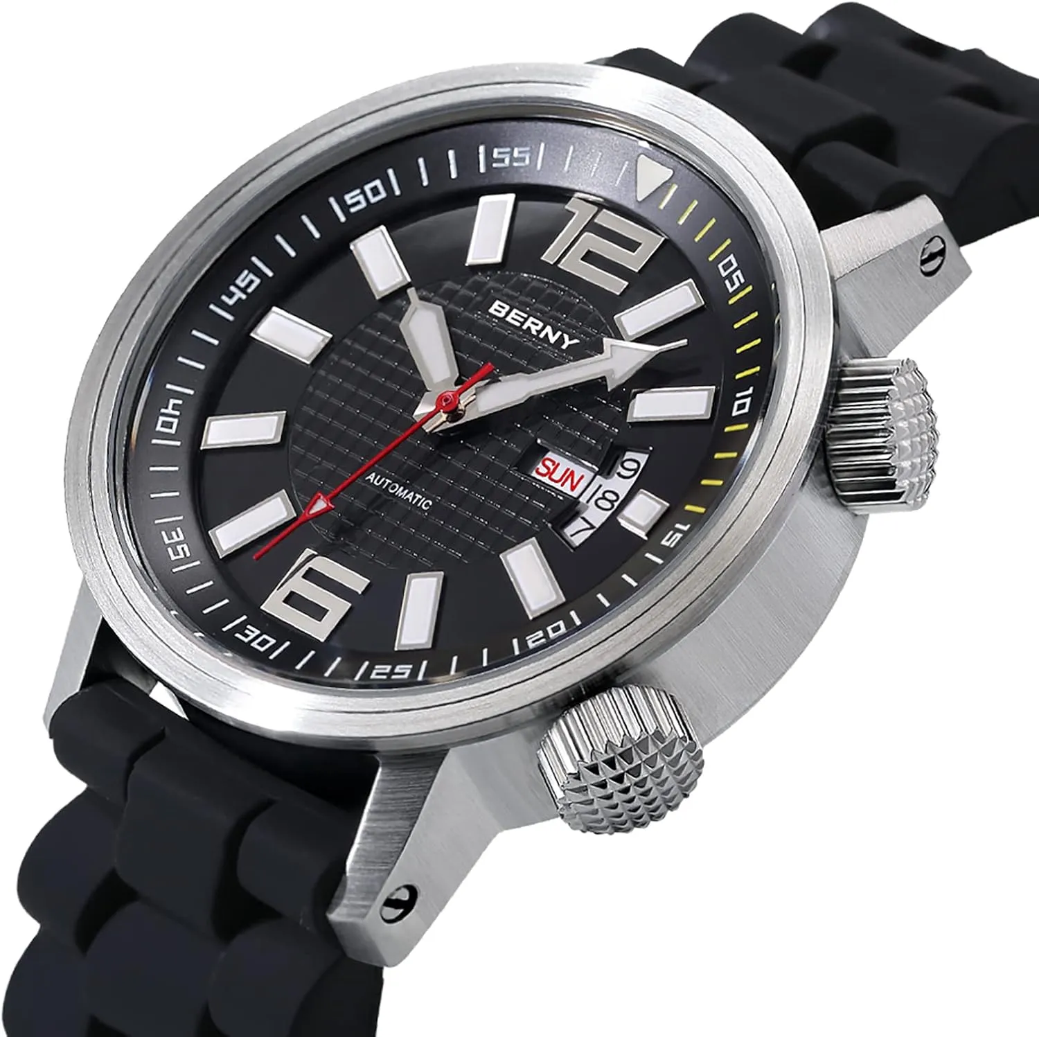 BERNY Automatic Mechanical Dive Watch for Men Self Winding Sport Silicon Strap Wristwatches Waterproof 20ATM Sapphire Glass Scratch Resistant Super Luminous（No Battery Required