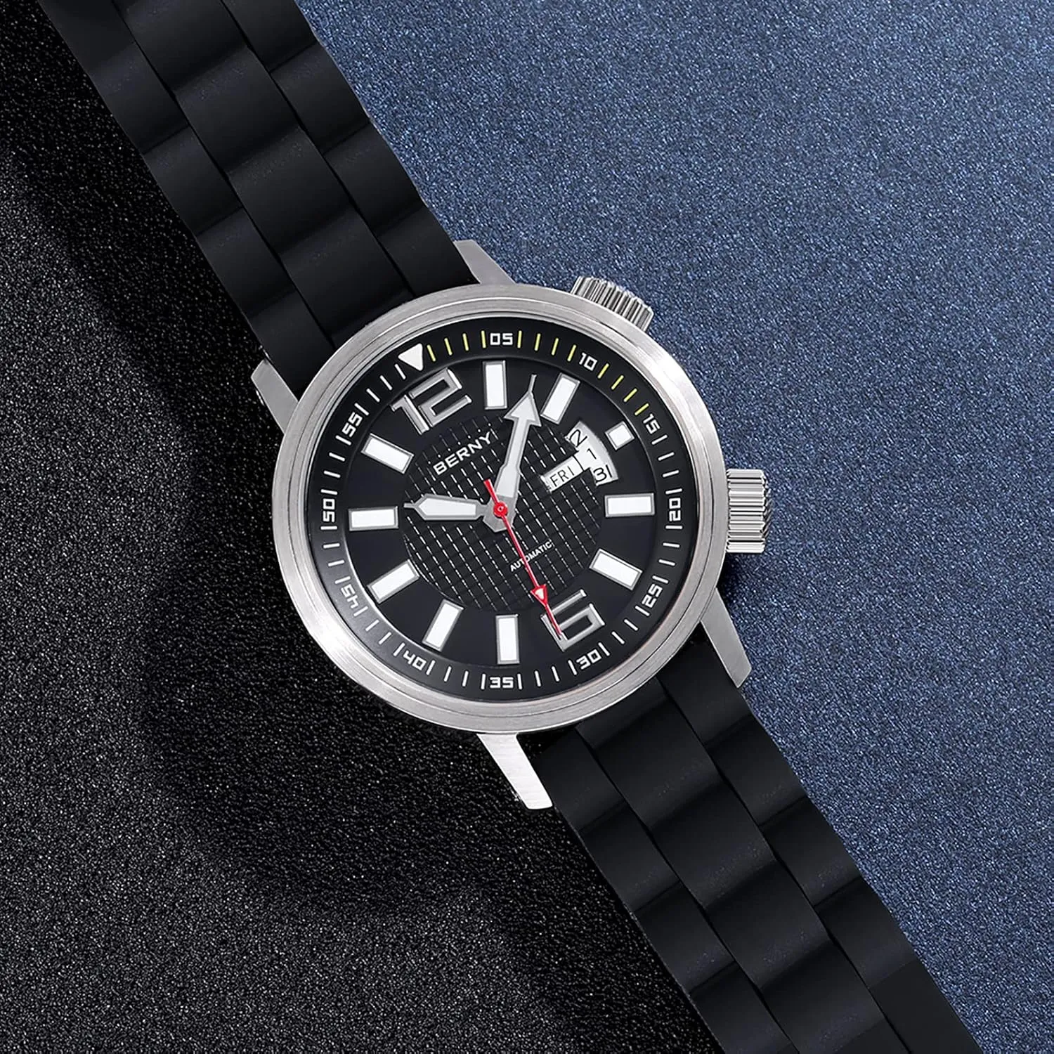 BERNY Automatic Mechanical Dive Watch for Men Self Winding Sport Silicon Strap Wristwatches Waterproof 20ATM Sapphire Glass Scratch Resistant Super Luminous（No Battery Required