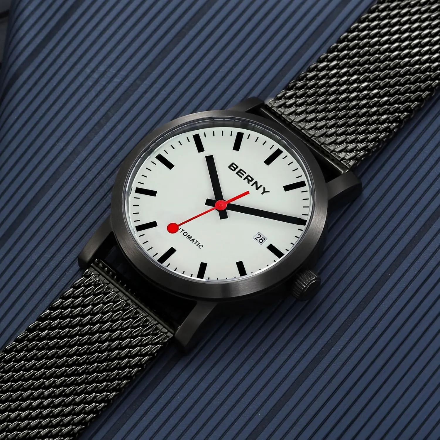 BERNY Classic Automatic Watch for Men Mechanical Self Wind Wristwatch MIYOTA 8215 Movement Stainless Steel Strap 5ATM Waterproof Full Luminous Dial Sapphire Glass Railroad Watches