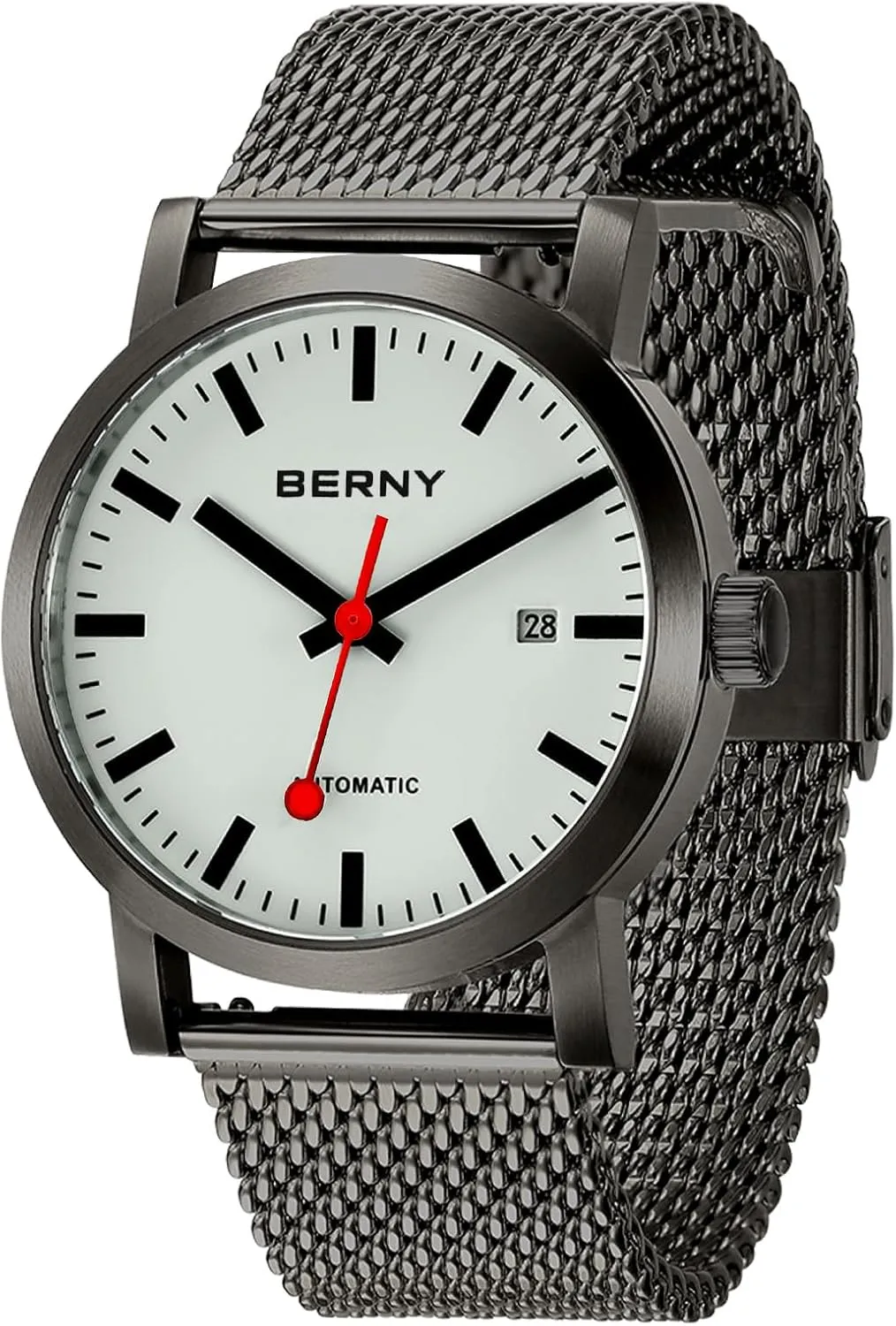 BERNY Classic Automatic Watch for Men Mechanical Self Wind Wristwatch MIYOTA 8215 Movement Stainless Steel Strap 5ATM Waterproof Full Luminous Dial Sapphire Glass Railroad Watches