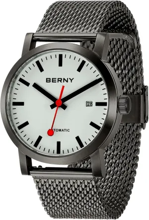 BERNY Classic Automatic Watch for Men Mechanical Self Wind Wristwatch MIYOTA 8215 Movement Stainless Steel Strap 5ATM Waterproof Full Luminous Dial Sapphire Glass Railroad Watches