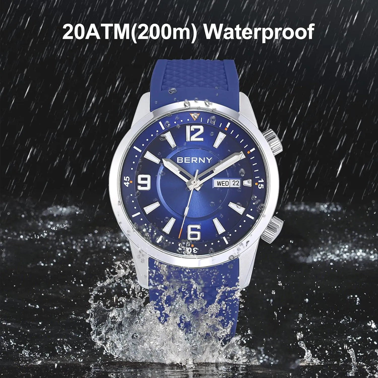 BERNY Dive Watch for Men Automatic Mechanical Wristwatch with Screw-Down Crown 20ATM Waterproof HV600 Hardness Sapphire Glass Silicone Band Super Luminous Mens Watches