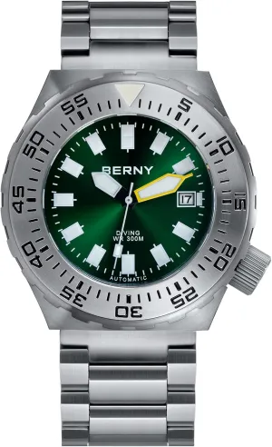 BERNY Dive Watch for Men Sports Diving Wristwatch with Screw-in Crown 30ATM Waterproof Sapphire Glass Solid Stainless Steel Bracelet Automatic Mechanical Pro Diver Watches Super Luminous