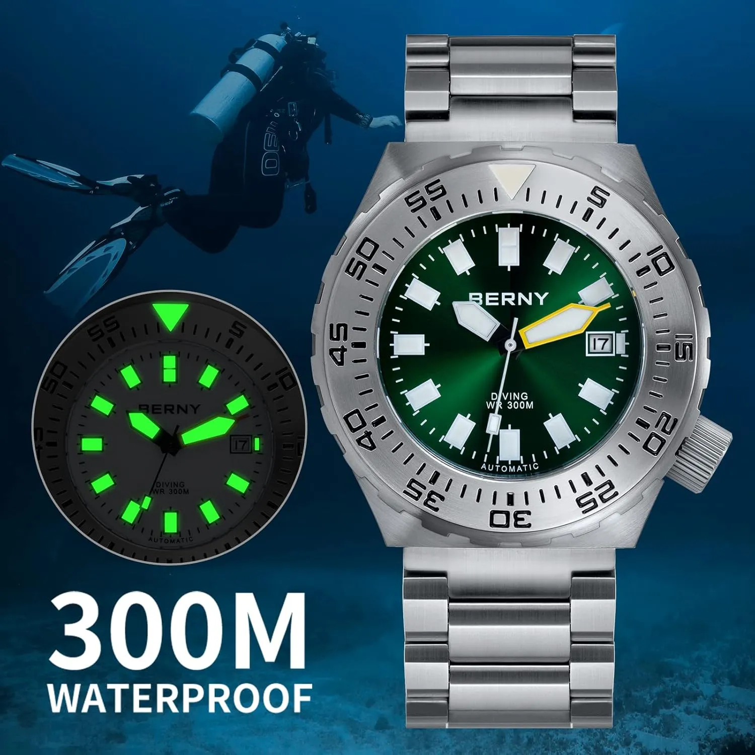 BERNY Dive Watch for Men Sports Diving Wristwatch with Screw-in Crown 30ATM Waterproof Sapphire Glass Solid Stainless Steel Bracelet Automatic Mechanical Pro Diver Watches Super Luminous
