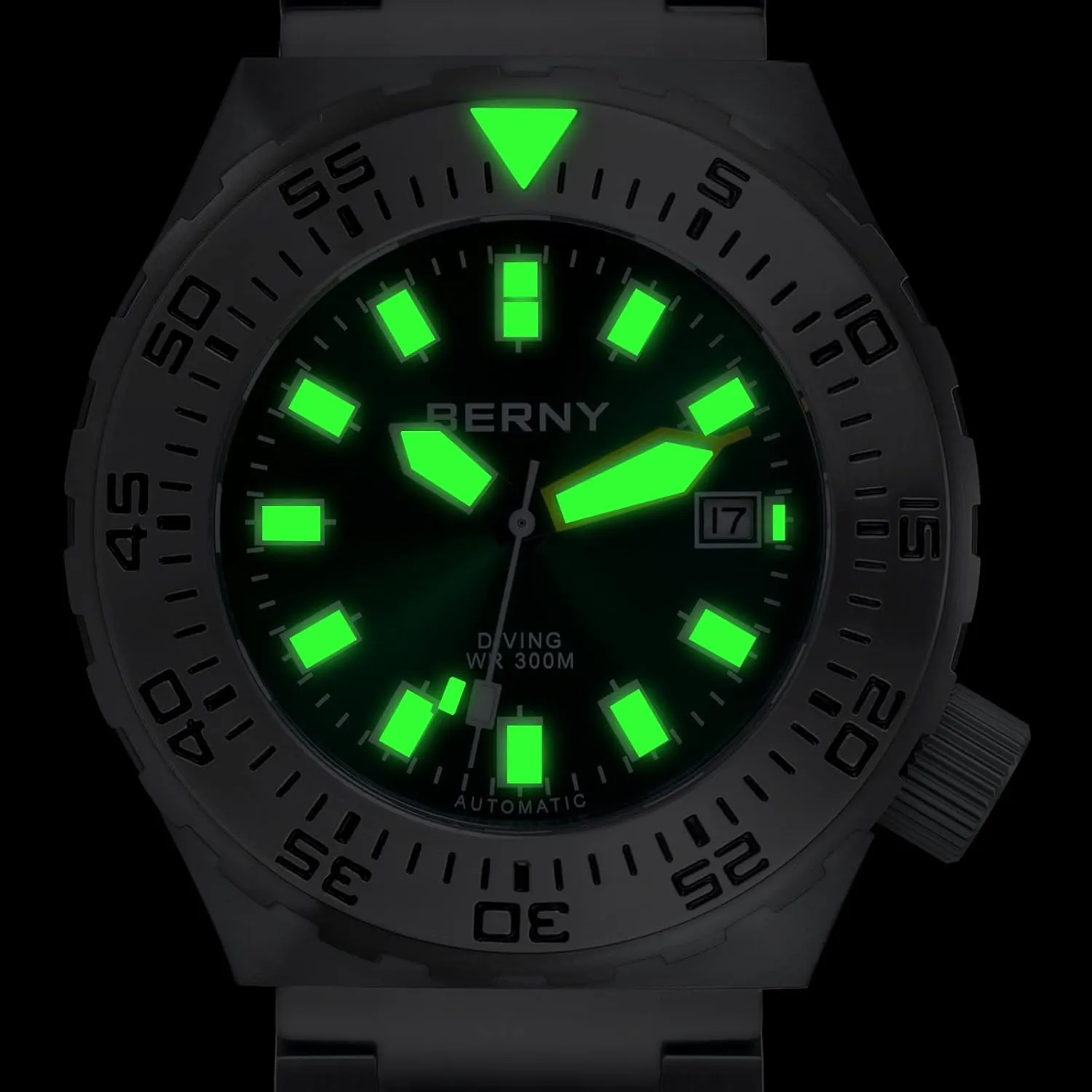 BERNY Dive Watch for Men Sports Diving Wristwatch with Screw-in Crown 30ATM Waterproof Sapphire Glass Solid Stainless Steel Bracelet Automatic Mechanical Pro Diver Watches Super Luminous