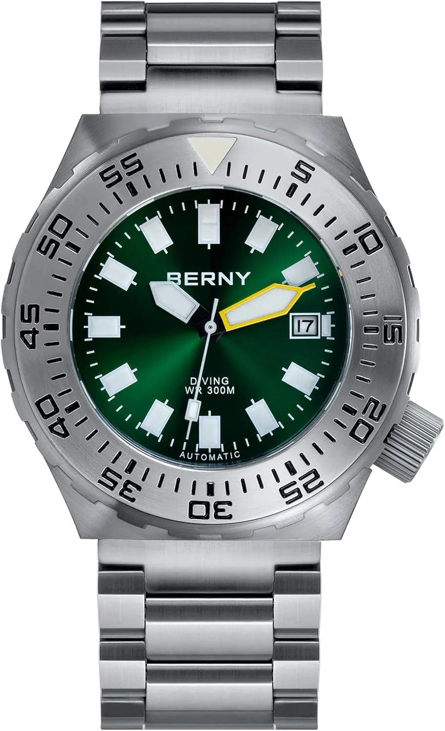 BERNY Dive Watch for Men Sports Diving Wristwatch with Screw-in Crown 30ATM Waterproof Sapphire Glass Solid Stainless Steel Bracelet Automatic Mechanical Pro Diver Watches Super Luminous