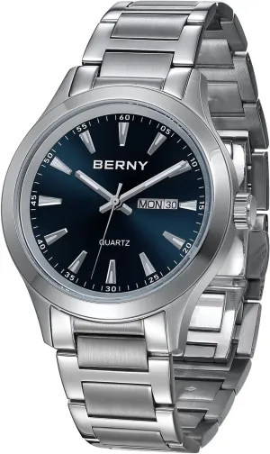 BERNY Mens Solid Stainless Steel Quartz Dress Watch Waterproof Sports Watches for Men Luminous Silver-Tone Wristwatches