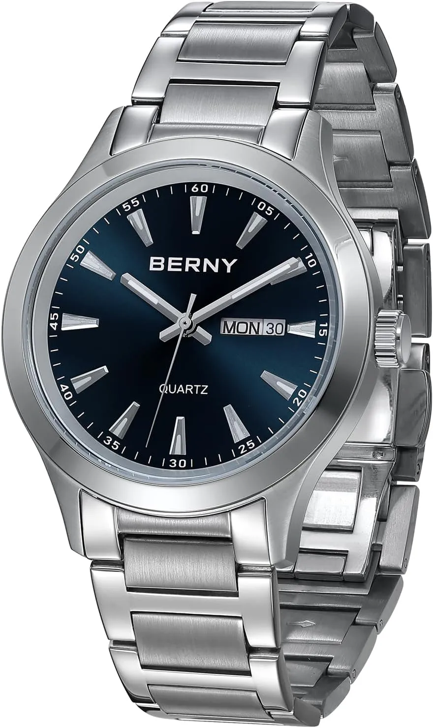 BERNY Mens Solid Stainless Steel Quartz Dress Watch Waterproof Sports Watches for Men Luminous Silver-Tone Wristwatches