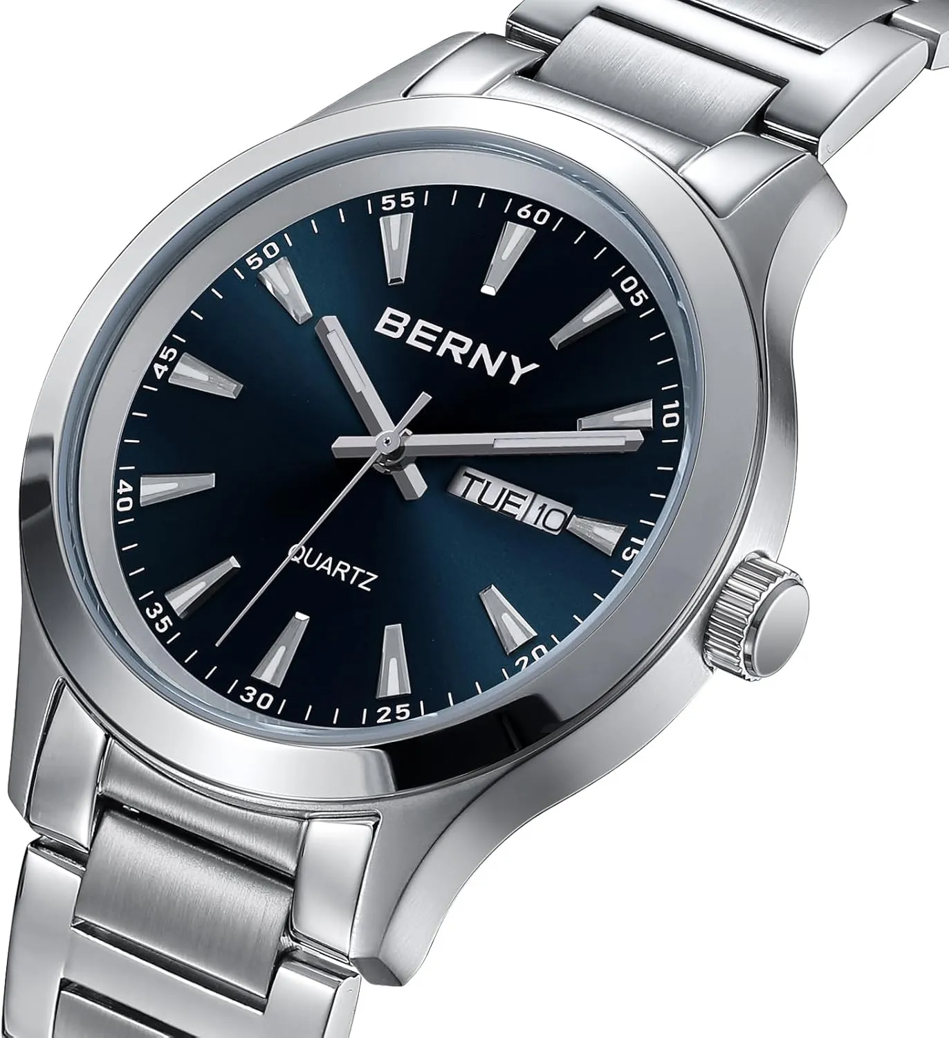 BERNY Mens Solid Stainless Steel Quartz Dress Watch Waterproof Sports Watches for Men Luminous Silver-Tone Wristwatches