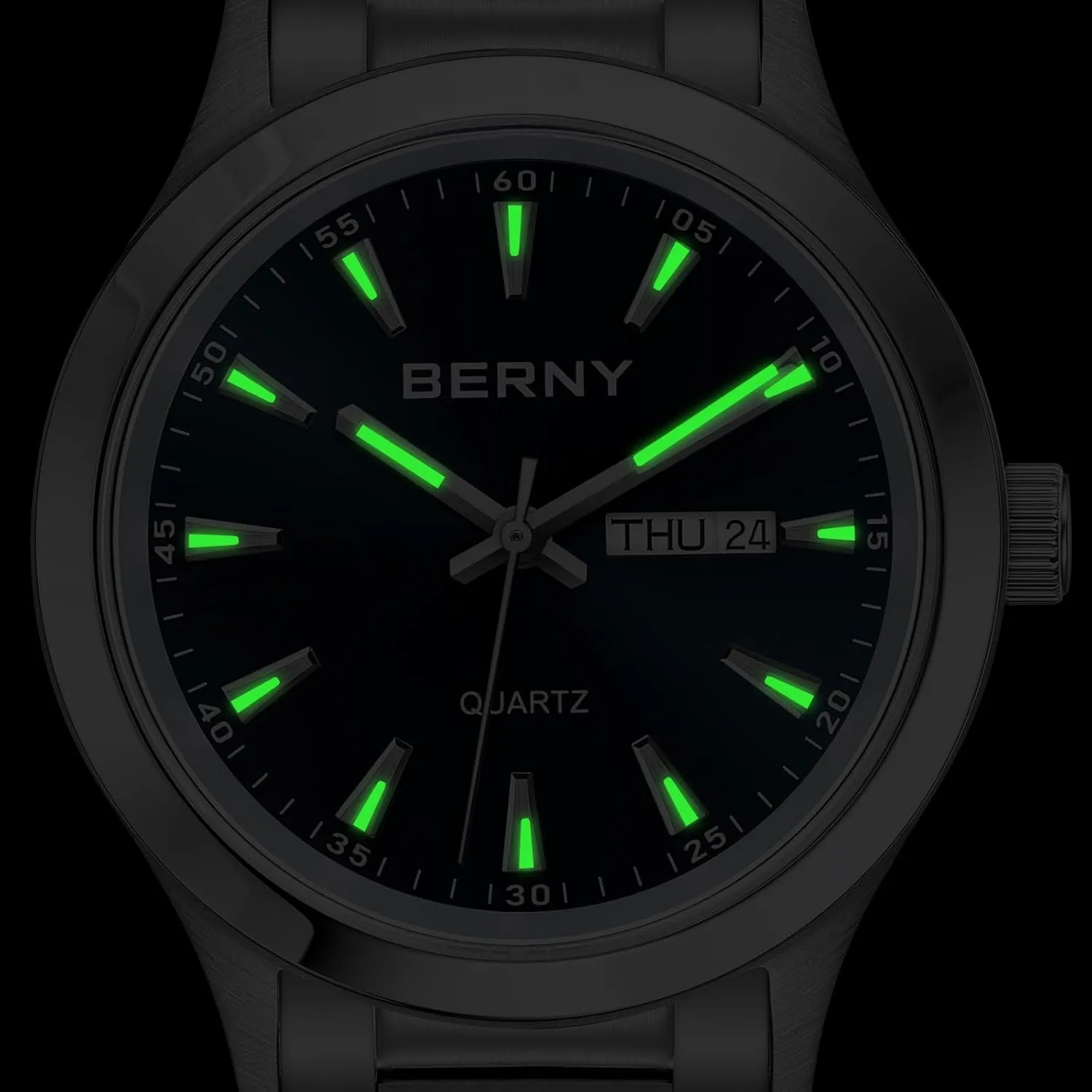 BERNY Mens Solid Stainless Steel Quartz Dress Watch Waterproof Sports Watches for Men Luminous Silver-Tone Wristwatches