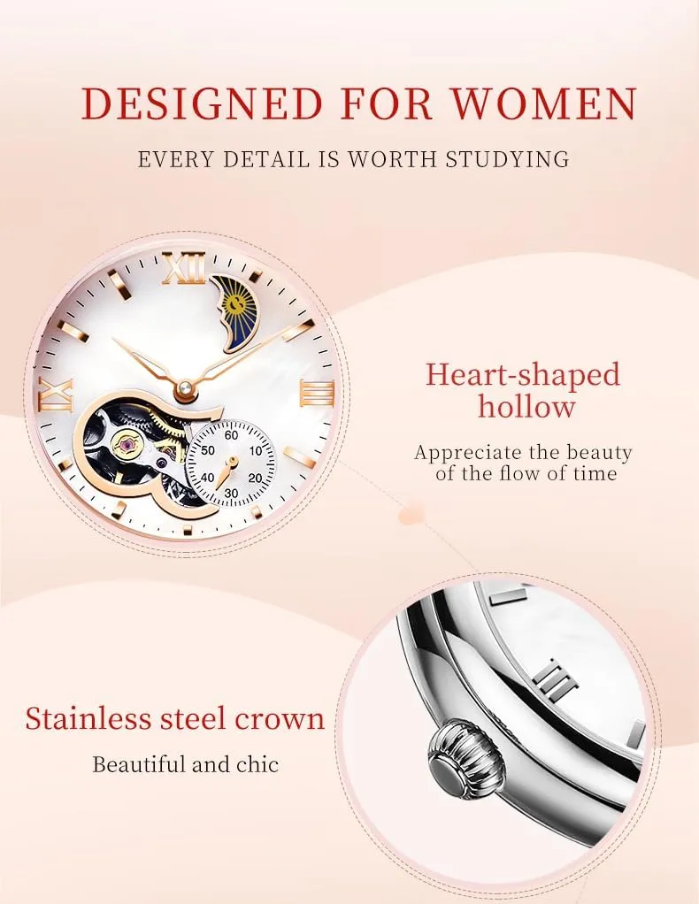BESTKANG Automatic Women Watches Tourbillon Dress Wrist Watches Moon Phase Waterproof Luminous