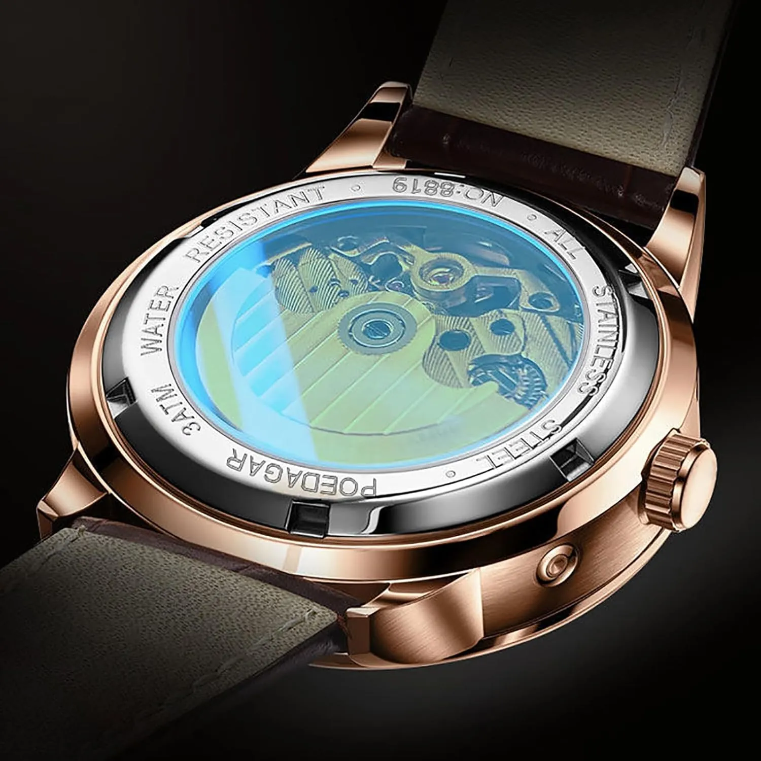BESTKANG Leather Men's Watch Automatic Mechanical Luminous Watch 3ATM Waterproof Leather Strap Watches for Men