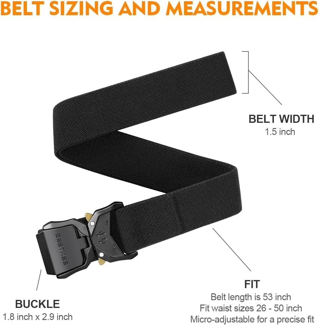 BESTKEE 2 Pack Tactical Belt, Men's Military Stretch Nylon Web Belt for Hiking Work with Heavy-Duty Quick Release Buckle